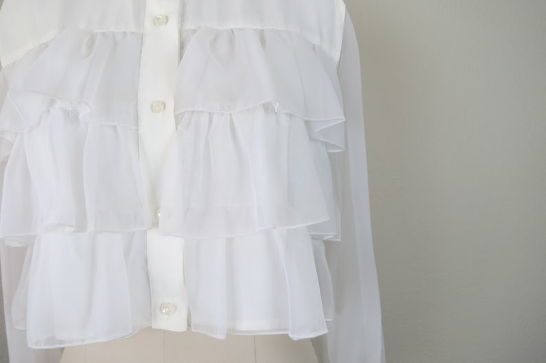 size large sheer sleeves 40 bust vintage 1980s cropped ruffle blouse