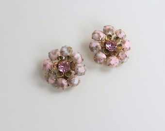 Vintage 1960s earrings flower clip on pink glass rhinestone floral