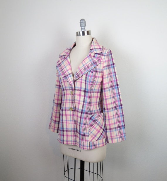 Vintage 1970s wool plaid blazer jacket pastel dag… - image 3