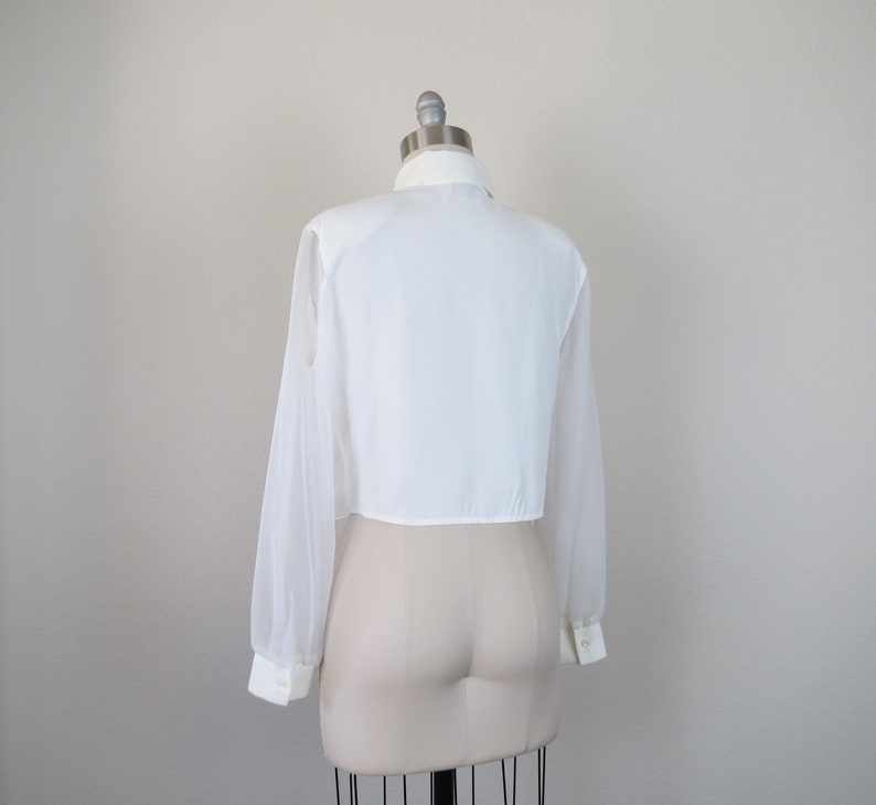 size large sheer sleeves 40 bust vintage 1980s cropped ruffle blouse