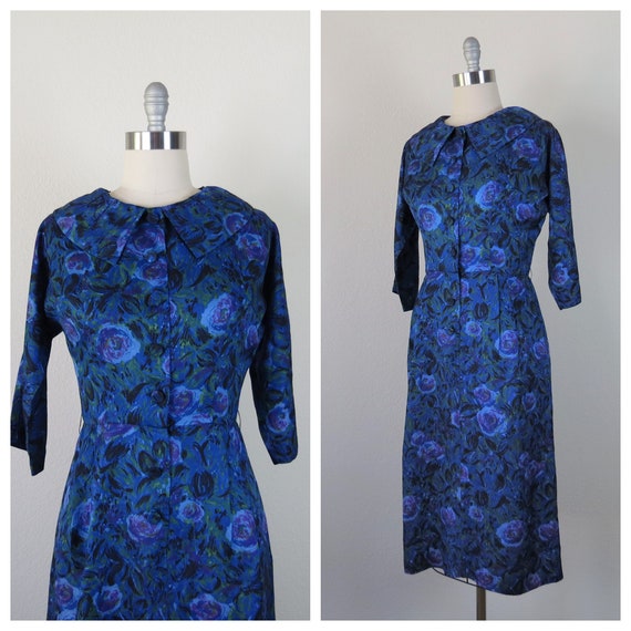 1950s floral wiggle dress cold rayon 50s rose prin