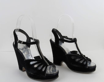 Vintage 1970s platforms heels sandals, velvet, rhinestones, t-strap, size 5, 5.5