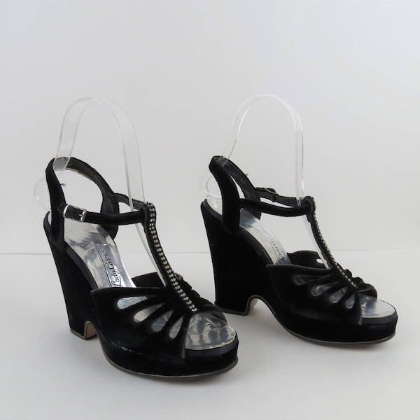 Vintage 1970s platforms heels sandals, velvet, rhinestones, t-strap, size 5, 5.5