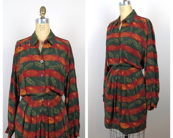 Vintage 1980s silk dress 1990s mini shirt dress shirtwaist fall print autumn colors