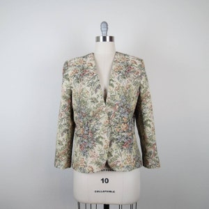 Vintage 1980s tapestry blazer floral jacket birds cottage victorian baroque
