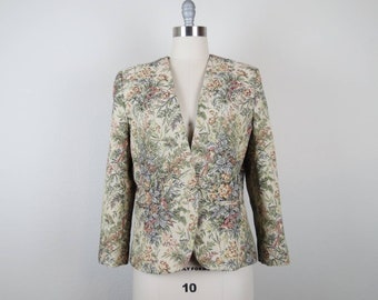 Vintage 1980s tapestry blazer floral jacket birds cottage victorian baroque