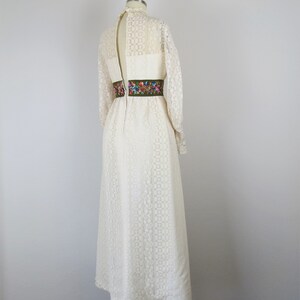 Vintage 1970s lace maxi dress, high neck, balloon sleeves, embroidered, boho, cottage core, xxs, xs image 7