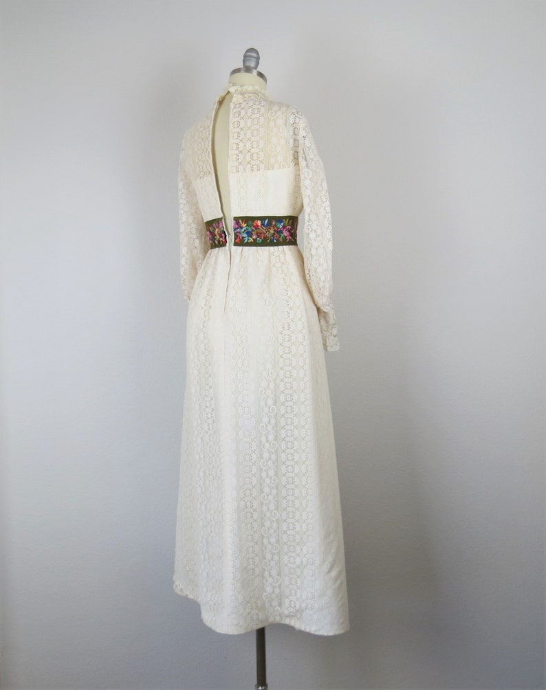 Vintage 1970s lace maxi dress, high neck, balloon sleeves, embroidered, boho, cottage core, xxs, xs image 7