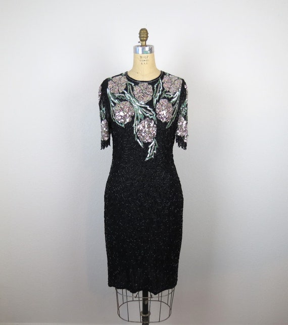 vintage 1990s silk beaded dress Sequined Evening Cocktail Party Scala Floral Open Back Size Small owned condition collarless dress shirt Dona Printed Smocked Dress Size:31 Long
