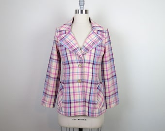 Vintage 1970s wool plaid blazer jacket pastel dagger collar mod hippie