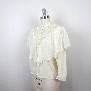 Vintage 1980s high neck lace blouse size medium sheer puff sleeves 80s does Victorian prairie cottagecore romantic feminine image 3