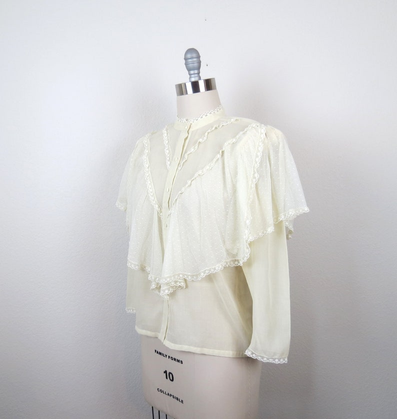 Vintage 1980s high neck lace blouse size medium sheer puff sleeves 80s does Victorian prairie cottagecore romantic feminine image 3