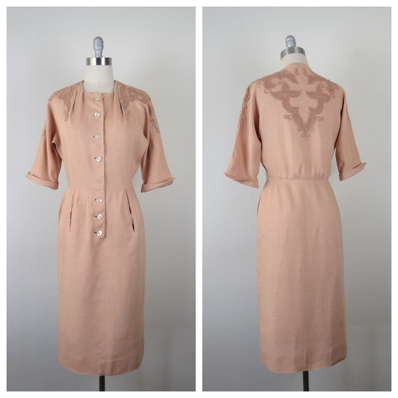 Vintage 1950s dress, embroidered, Moygashel linen… - image 1