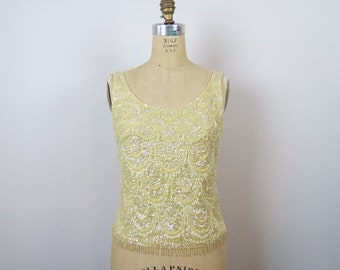 Vintage 1960s beaded sweater tank top yellow silk cashmere evening cocktail