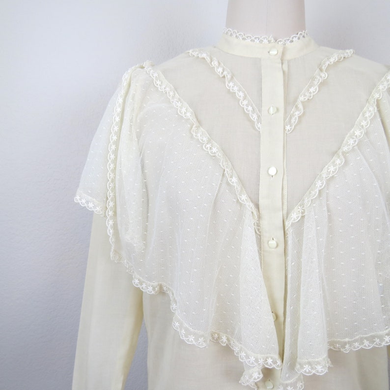 Vintage 1980s high neck lace blouse size medium sheer puff sleeves 80s does Victorian prairie cottagecore romantic feminine image 2
