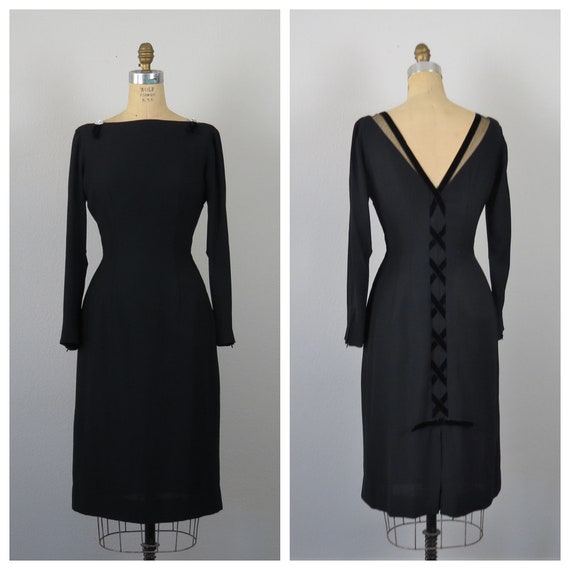 50s 1950s cocktail dress Minx Modes black crepe co