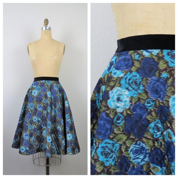 Vintage 1950 circle skirt, floral, quilted, rose p