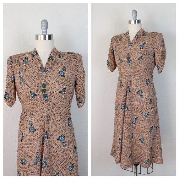 40s 1940s vintage cold rayon floral dress size lar
