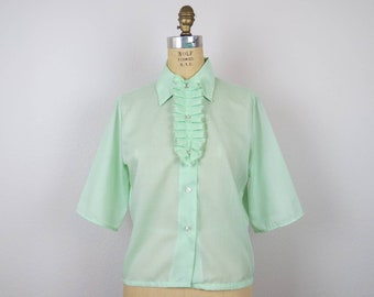 Vintage 1960s blouse top 1970s dagger collar ruffle front green mod separates