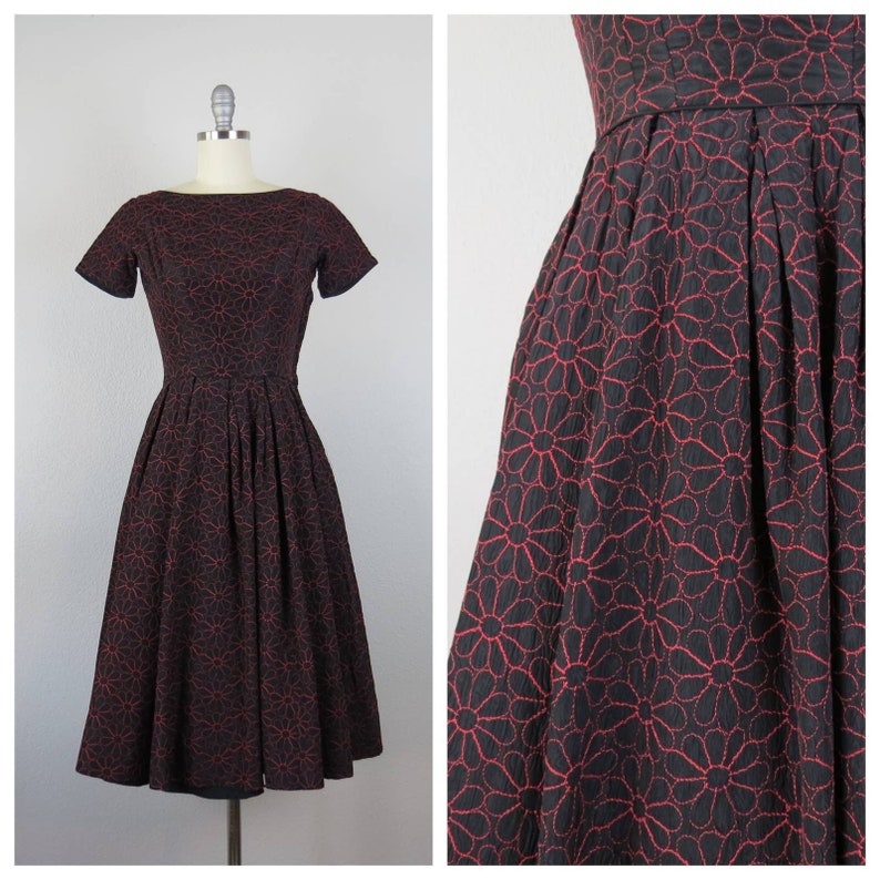 Vintage 1950s party dress, fit and flare, embroidered, floral, quilted, formal image 1