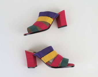 Vintage color block sandals, mules, slides, block heel, rainbow, nos, deadstock, size 6.5