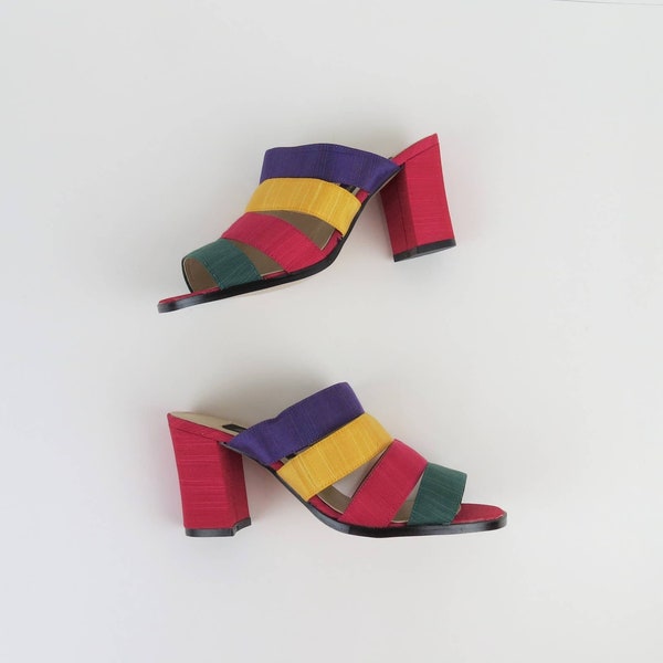 Vintage color block sandals, mules, slides, block heel, rainbow, nos, deadstock, size 6.5