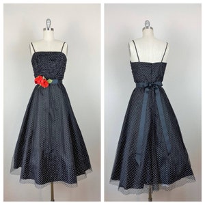 vintage des années 1980, robe de soirée des années 1990, à pois, ajusté et évasé, ceinture florale