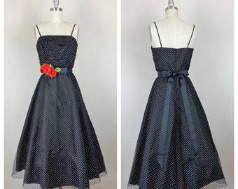 Vintage 1980s, 1990s party dress, polka dot, fit and flare, floral belt