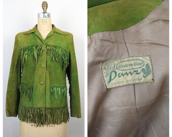 Vintage 1940s 1950s women's suede fringe jacket western wear cowgirl rare green leather