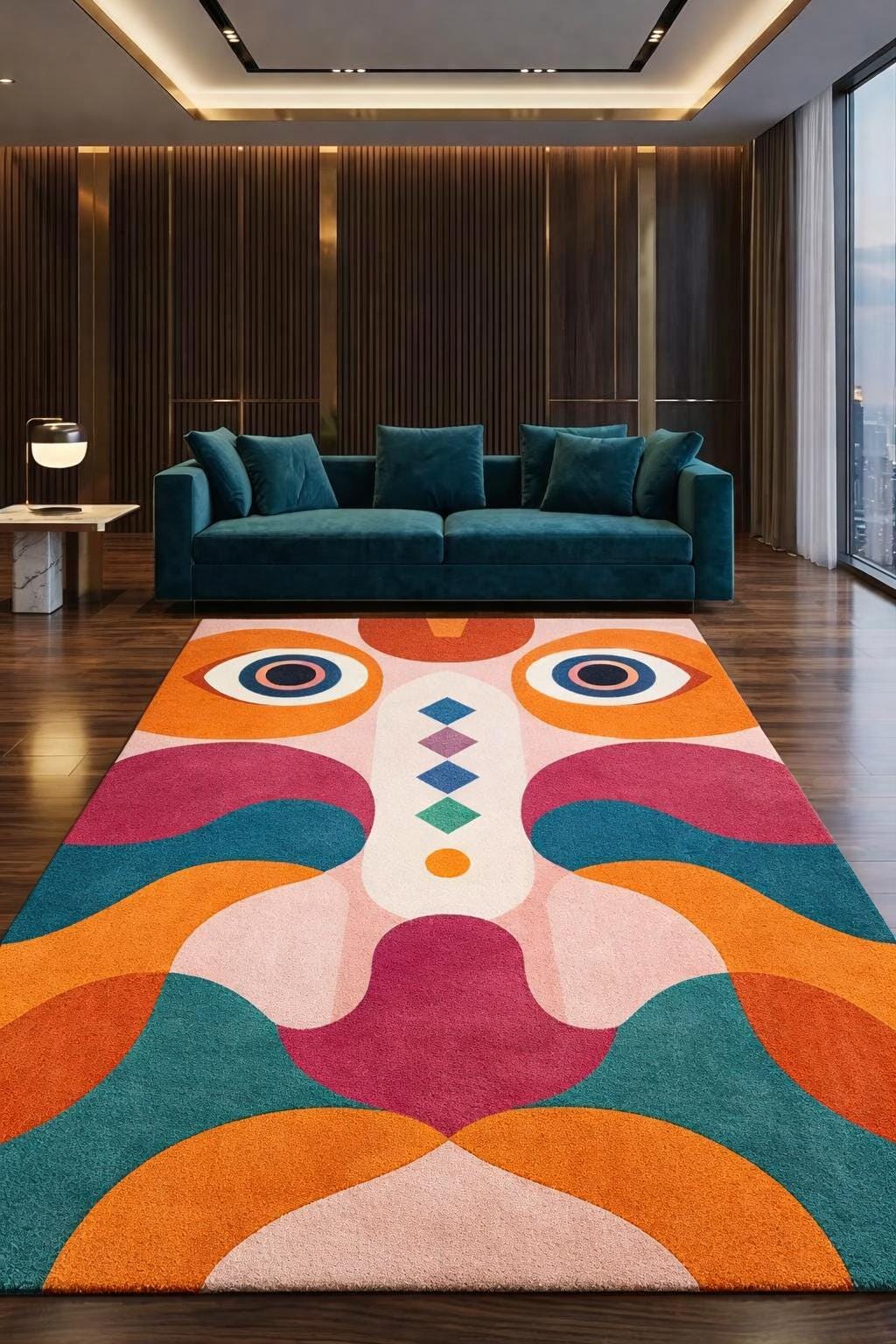 Abstract Owl Area Rug, Colorful Geometric Plush Carpet, Boho Floor Mat