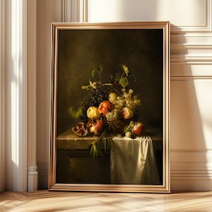 Baroque Still Life Fruit Print, Vintage Pomegranates Grapes Oil Painting (Digital Download)
