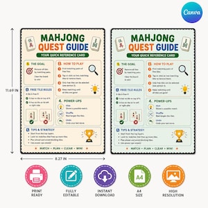 Può includere: Due schede di riferimento Mahjong Quest Guide identiche che misurano 29,7 cm per 21 cm. Le schede presentano sezioni intitolate The Goal, How to Play, Free Tile Rules, Power-Ups e Tips & Strategy, con icone e testo che spiegano le regole del gioco.