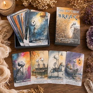 May include: A deck of 54 The Pattern Break cards featuring whimsical skeleton illustrations. The box displays the title and text 54 Cards for Recognizing the Loops You Keep Repeating. Individual cards show scenes with titles like Wishful Thinking and Perfect Conditions.