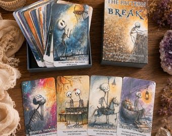 May include: A deck of 54 The Pattern Break cards featuring whimsical skeleton illustrations. The box displays the title and text 54 Cards for Recognizing the Loops You Keep Repeating. Individual cards show scenes with titles like Wishful Thinking and Perfect Conditions.