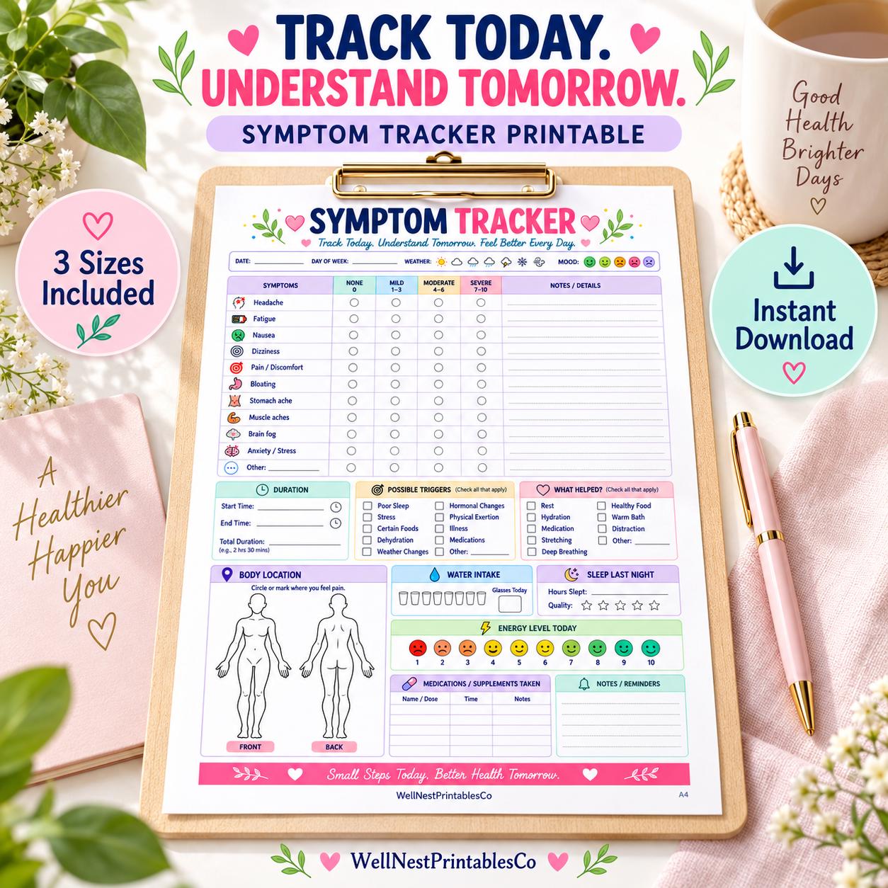 Symptom Tracker Printable Daily Health Journal Pain and Trigger Log Wellness Planner PDF