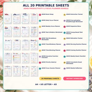 May include: A digital collection of 20 printable ADHD productivity and focus planner sheets. The layout displays thumbnails of each page alongside a numbered list from 1 to 20, detailing titles like Brain Dump, Dopamine Menu, and Weekly Reset.