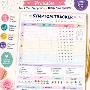 May include: A printable symptom tracker document featuring a grid for tracking daily symptoms, start and end times, duration, severity from 1 to 10, and body location. It includes sections for possible triggers, mood, energy levels, and sleep quality.