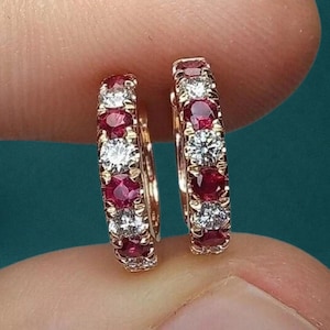 Ruby & Diamond Huggie Hoop Earrings, 14K Gold Plated Earrings, Red Ruby Wedding Jewelry, July Birthstone Gift for Women, Tiny Hoop Earrings