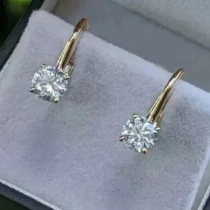Round Cut Diamond Dangle Earrings, 14K Gold Plated Leverback Earrings, Solitaire Bridal Earrings, Wedding Jewelry, Birthday Gift for Her