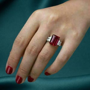 Emerald Cut Red Ruby Engagement Ring, 3Ct Lab Created Ruby Style Center Stone, 14K Gold Plated Three Stone Ring, Elegant Bridal Jewelry