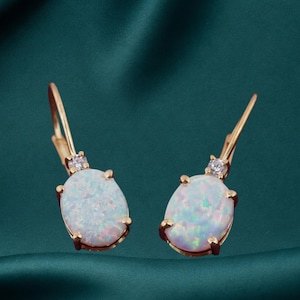 Vintage Opal Drop Earrings, 14K Gold Plated Dangle Earrings, Opal Leverback Earring, Engagement Gift for Her, Bridal Earrings, Gift for Wife