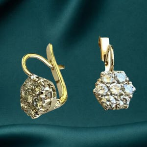 Diamond Cluster Drop Earrings, 14K Gold Dangle Earrings, Vintage Style Bridal Earrings, Statement Anniversary Gift for Her, Luxury Earrings