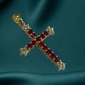 Vintage ketting met robijnkruishanger, ronde robijn en diamanten kruishanger, 14-karaats verguld christelijk sieraad, religieus cadeau voor haar