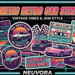 May include: A collection of 50 stickers featuring retro car designs, JDM-style vehicles, cassette tapes, and gas station imagery. The stickers display vibrant colors, neon accents, and text including AESTHETIC RETRO CAR STICKERS, 90s DRIFT CLUB, LOW & SLOW, STREET DREAMS, and GAS.