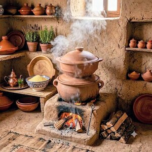 Decorazione da cucina in terracotta marocchina, stampa tradizionale di una vaporiera per couscous, arredamento rustico marocchino, autentica opera d'arte da parete per la cucina.