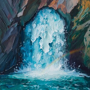 Peut inclure: Une peinture à l'huile représentant une cascade s'écoulant entre des formations rocheuses sombres et texturées. L'eau est peinte dans des tons bleu vif et blanc, avec un petit arc-en-ciel visible dans la brume au-dessus d'un bassin turquoise.