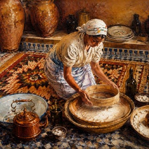 May include: An oil painting depicting a person wearing a white headscarf and light-colored clothing, kneeling on a patterned rug while sifting flour through a round wooden sieve into a large wooden bowl, surrounded by copper kettles and ceramic pots.