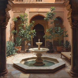 Moroccan Riad Fountain Oasis, Serene Garden Wall Art, Traditional Zellige Tile Detail, Zen Water Feature Print.