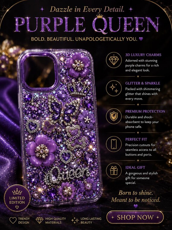 Purple Queen Luxury Phone Case | 3D Rhinestone Butterfly Crown Embellished iPhone Samsung Case