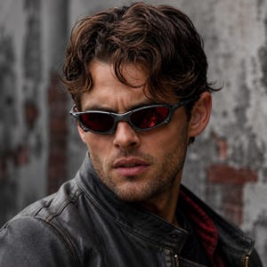 May include: A pair of dark grey, wraparound sunglasses with deep red tinted lenses. The frames feature a sleek, aerodynamic design with metallic accents at the hinges, providing a bold look that covers the eyes with a sharp, angular profile.